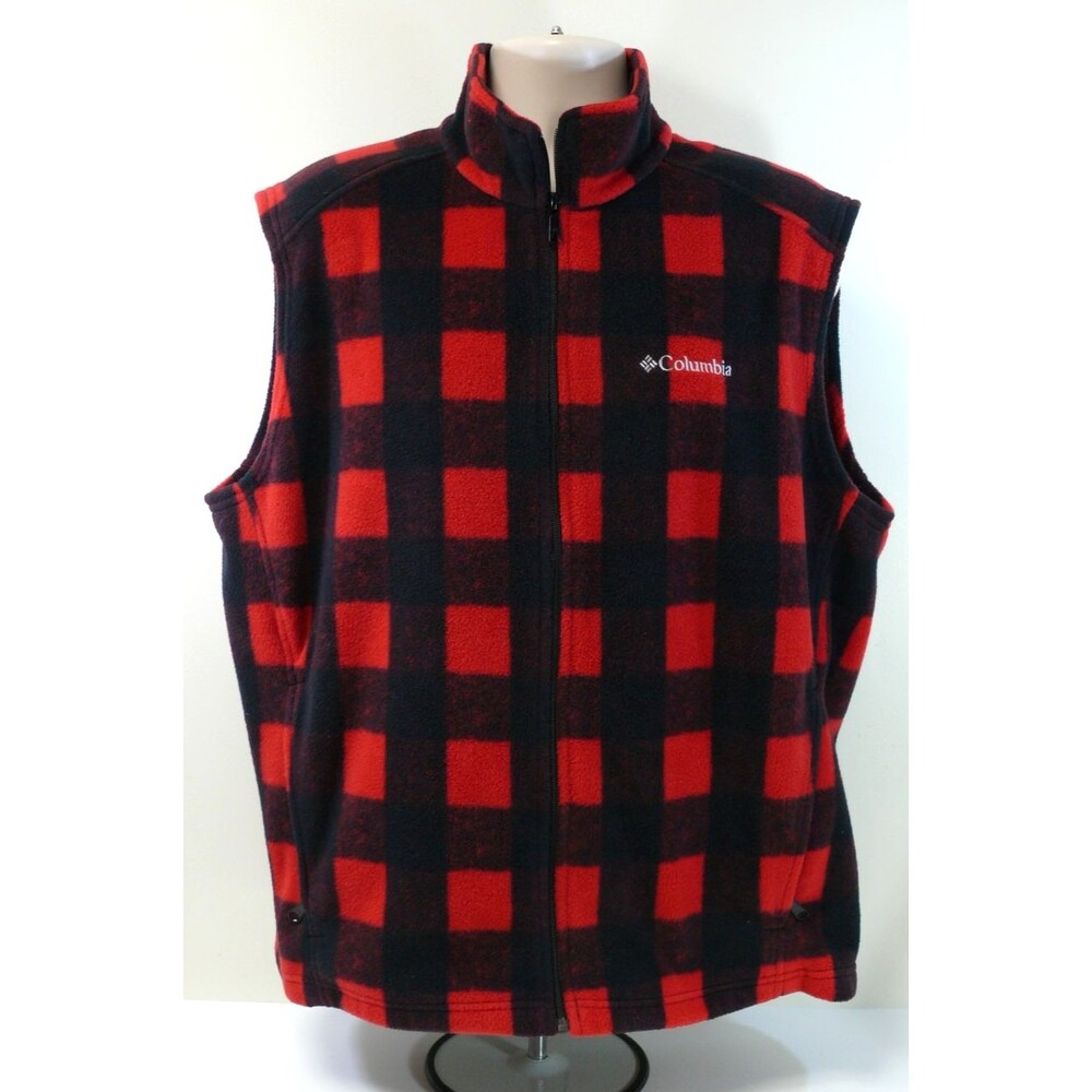 Men’s Columbia red black Plaid Fleece Vest zip up with pockets Size Large